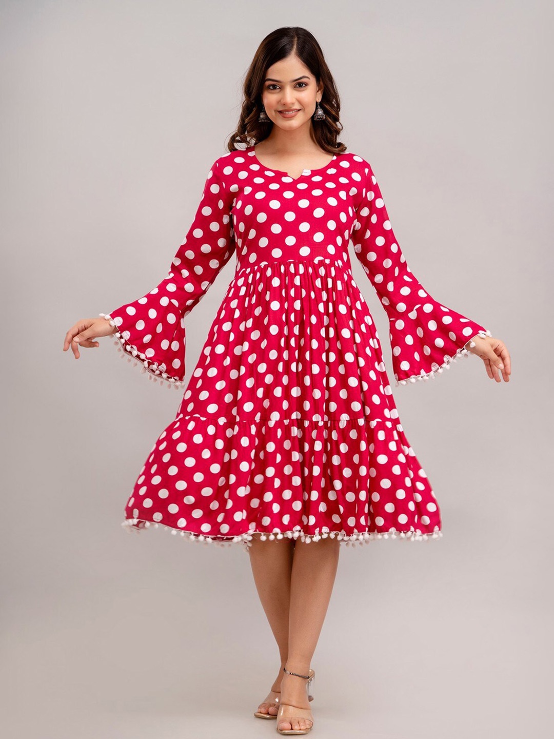 

TRENDSWILL Polka Dot Print Bell Sleeve Fit & Flare Dress, Red