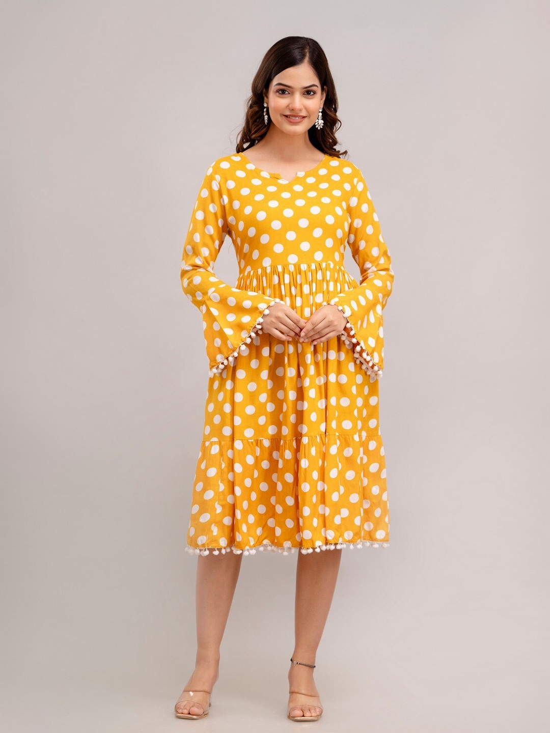 

TRENDSWILL Polka Dot Printed Bell Sleeves Gathered Fit & Flare Dress, Mustard