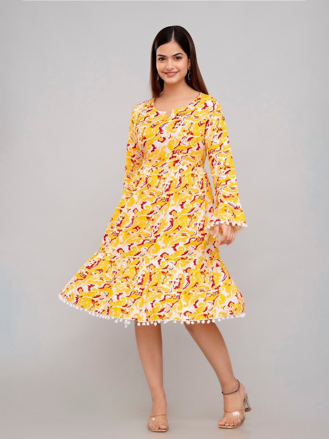 

TRENDSWILL Floral Print Bell Sleeve Fit and Flare Dress, Yellow