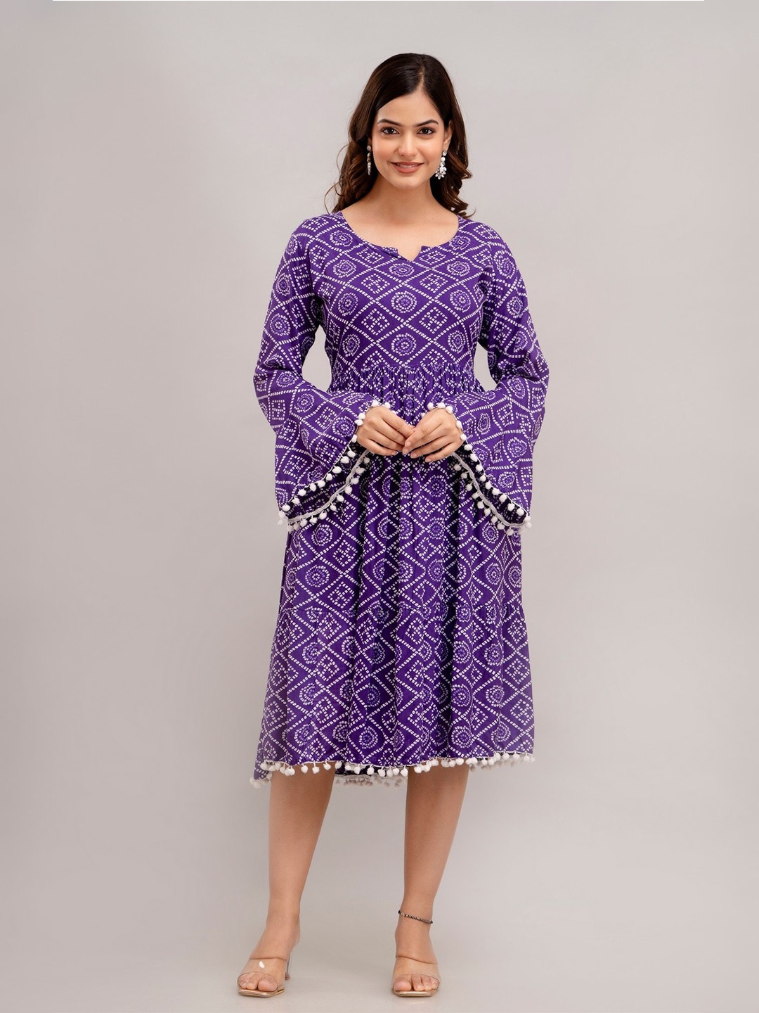 

TRENDSWILL Ethnic Motifs Printed Bell Sleeves Gathered Midi Fit & Flare Dress, Purple