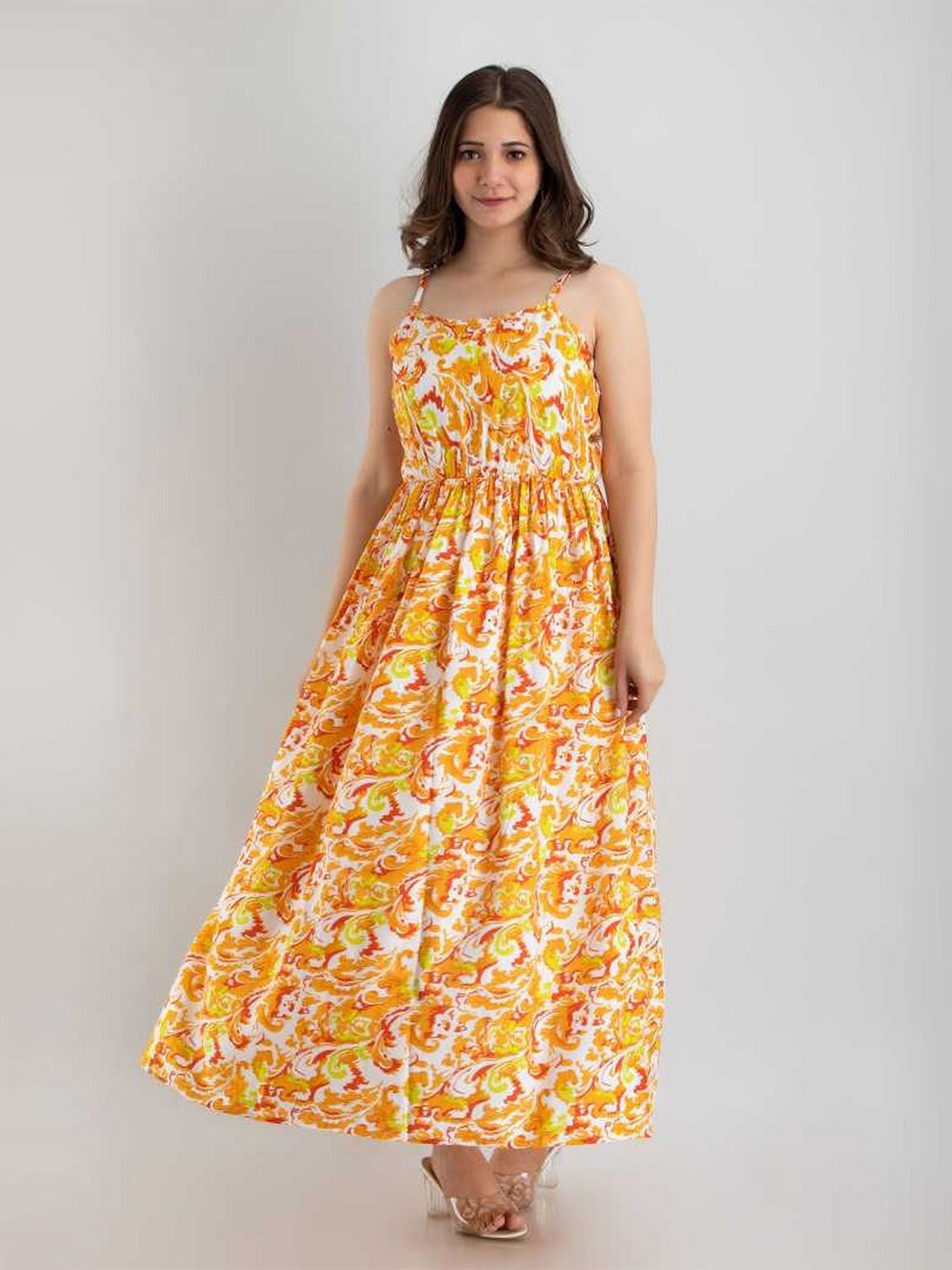 

TRENDSWILL Floral Print Shoulder Straps Cotton Maxi Dress, Yellow