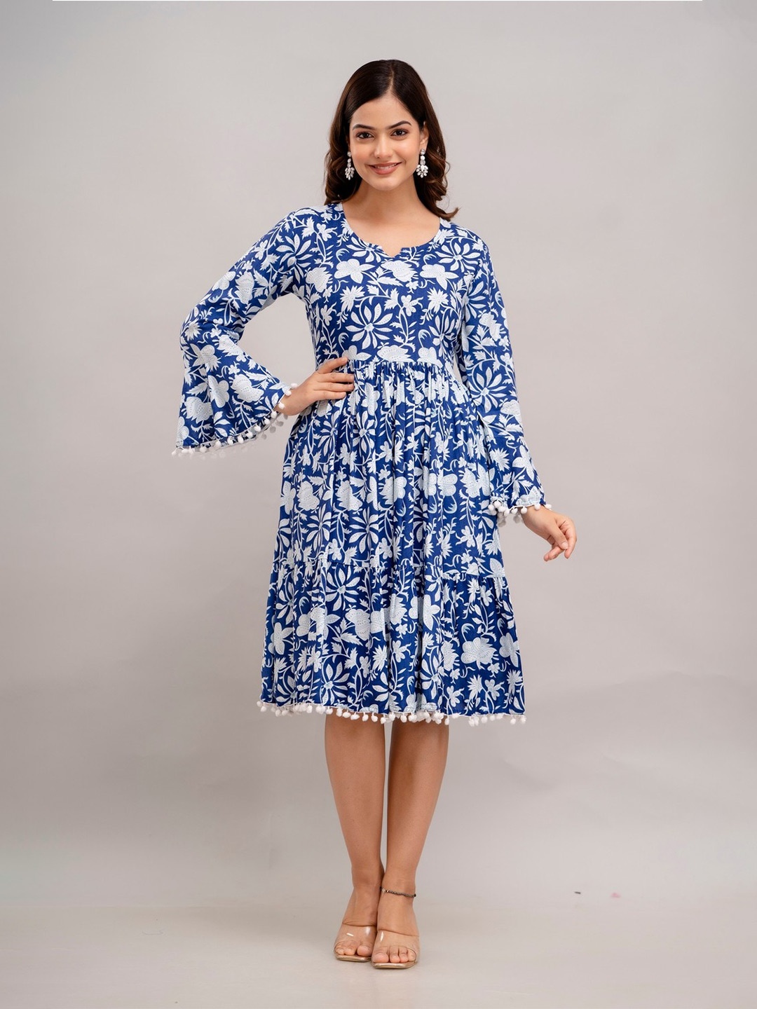 

TRENDSWILL Floral Print Bell Sleeve Fit & Flare Midi Dress, Blue