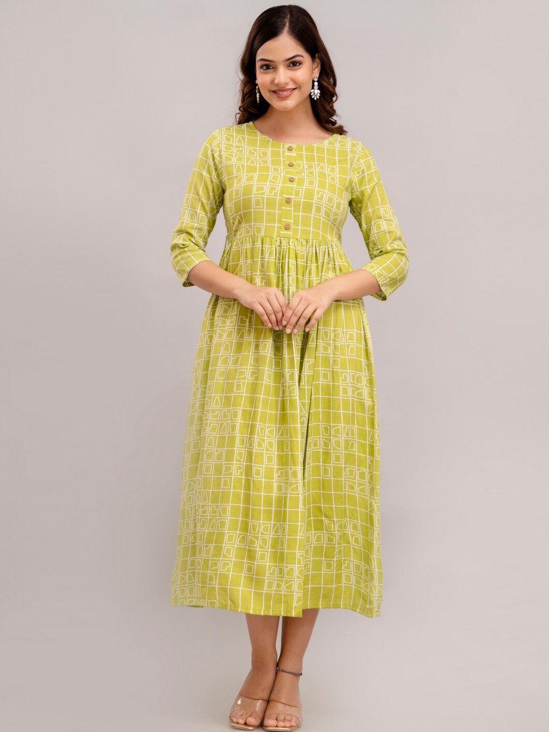 

TRENDSWILL Ethnic Motifs Printed Gathered Midi Empire Dress, Green