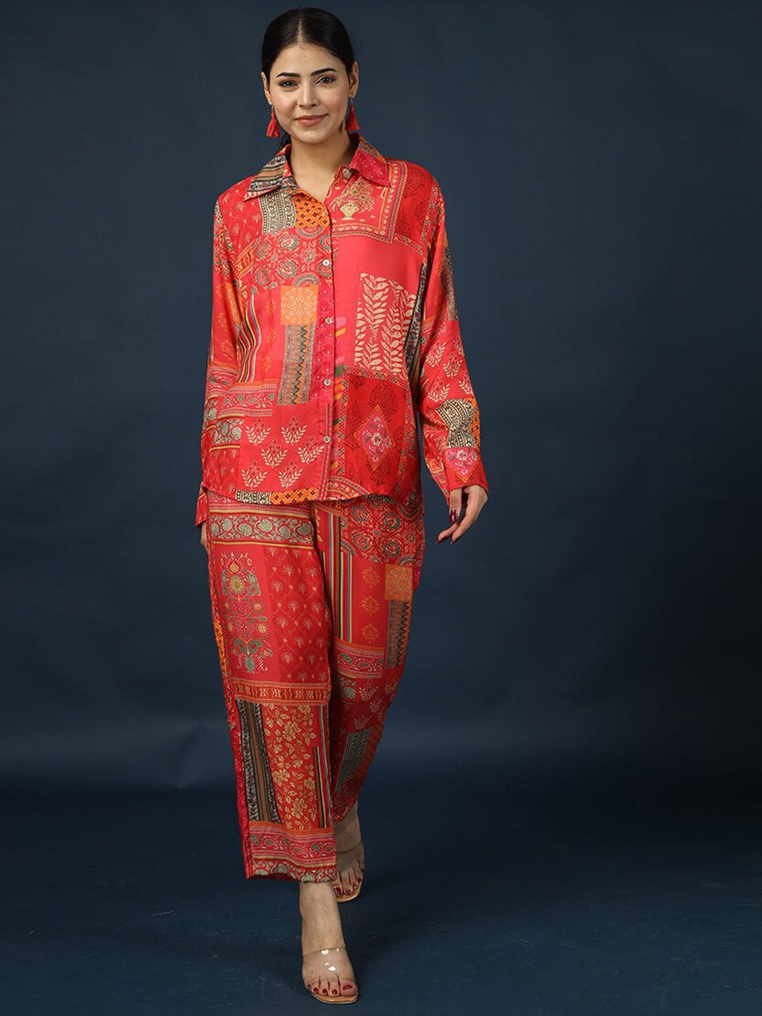 

HUE & HIDE Ethnic Motifs Printed Shirt Collar Shirt With Trousers, Red