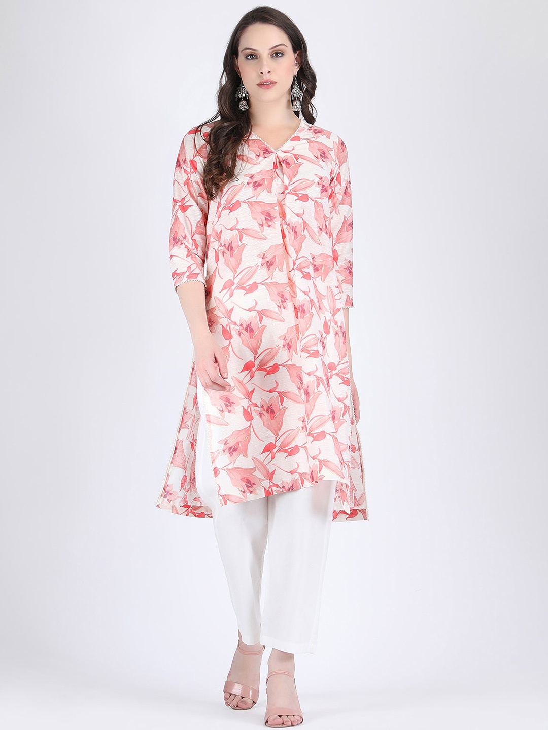 

HUE & HIDE Floral Printed Chanderi Cotton Kurta With Trouser, Pink