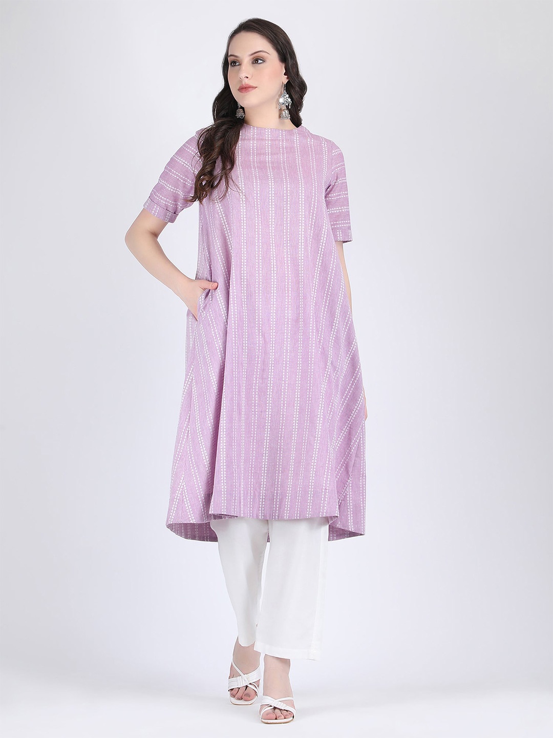 

HUE & HIDE Striped Boat Neck Pure Cotton Flared A-Line Kurta With Trouser, Purple