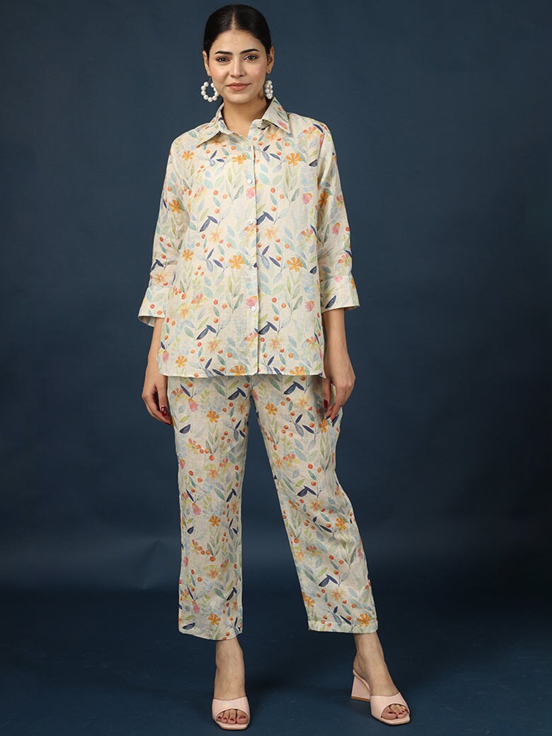 

HUE & HIDE Printed Linen Shirt With Trousers, Blue