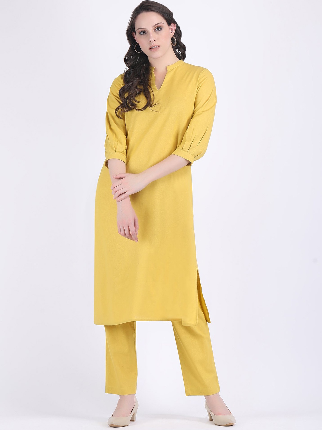 

HUE & HIDE Mandarin Collar Straight Kurta With Trouser, Yellow