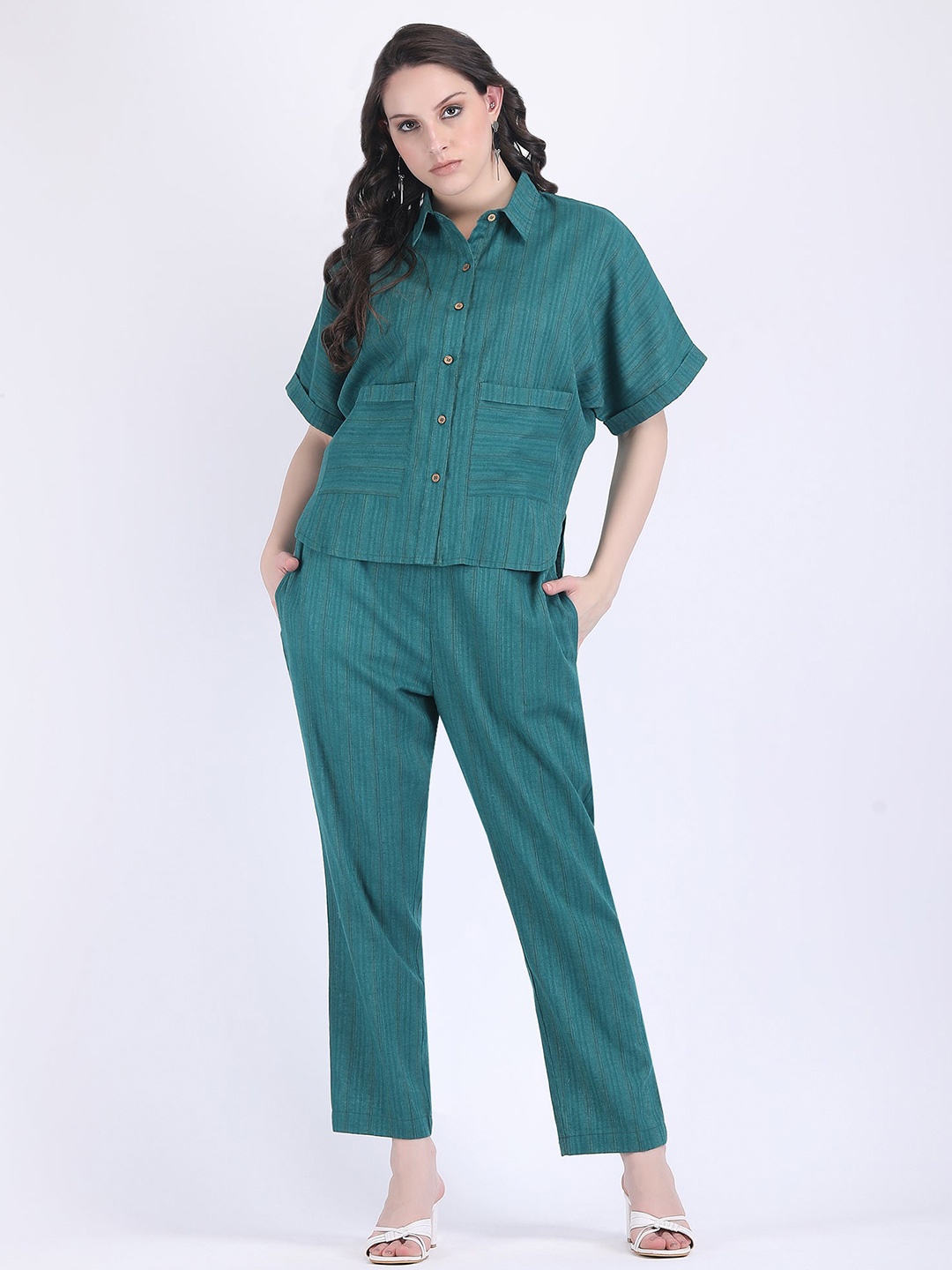 

HUE & HIDE Striped Shirt Collar Pure Cotton Shirt & Trouser, Green