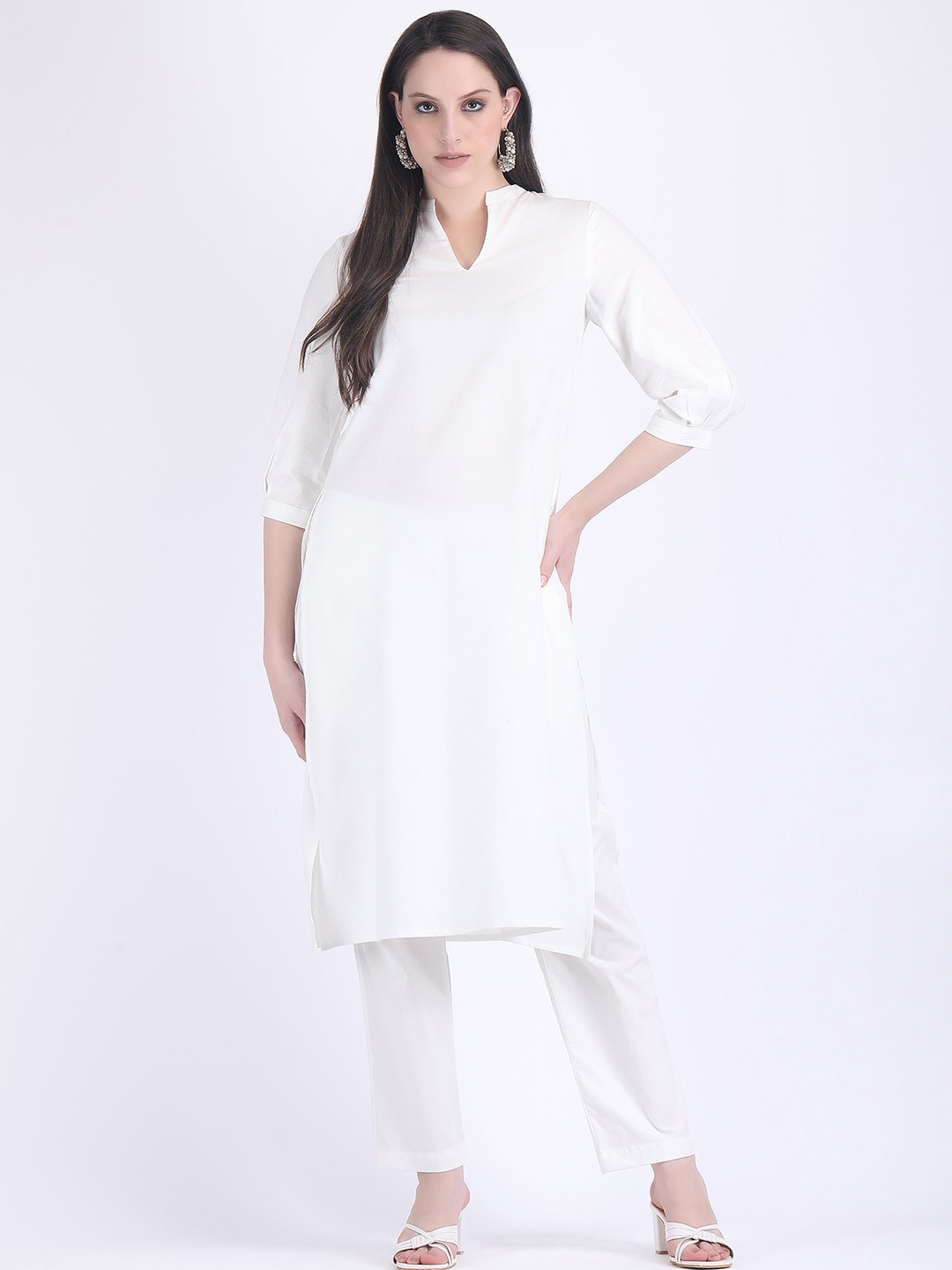 

HUE & HIDE Three-Quarter Sleeves Pure Cotton Straight Kurta With Trouser, White