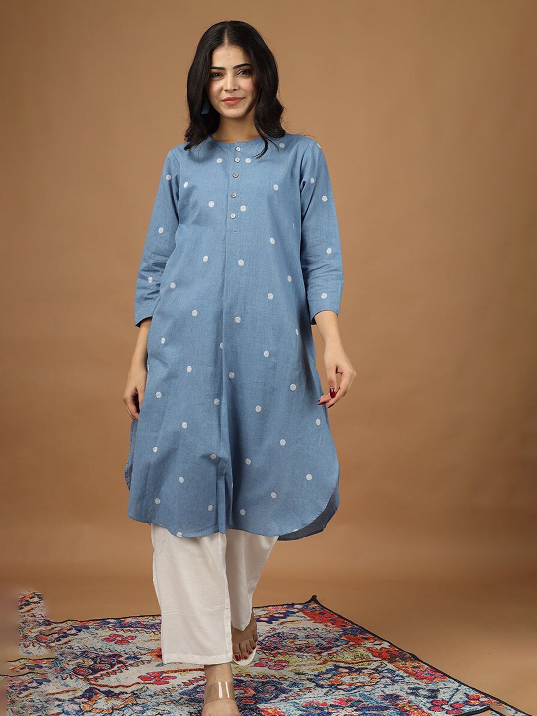 

HUE & HIDE Woven Design Pure Cotton A-Line Kurta With Palazzo, Blue