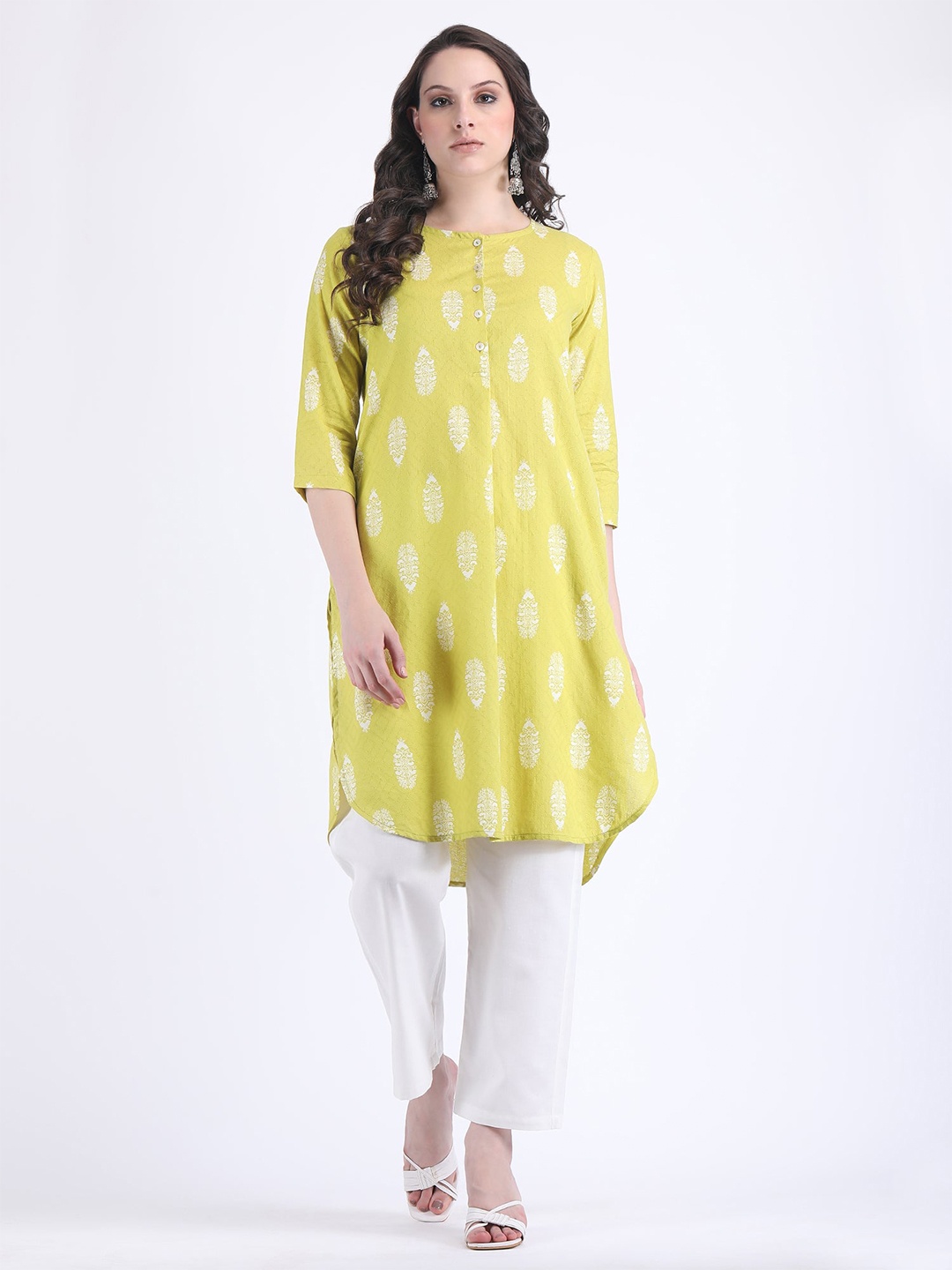 

HUE & HIDE Ethnic Motifs Printed Pure Cotton Straight Kurta With Trouser, Yellow