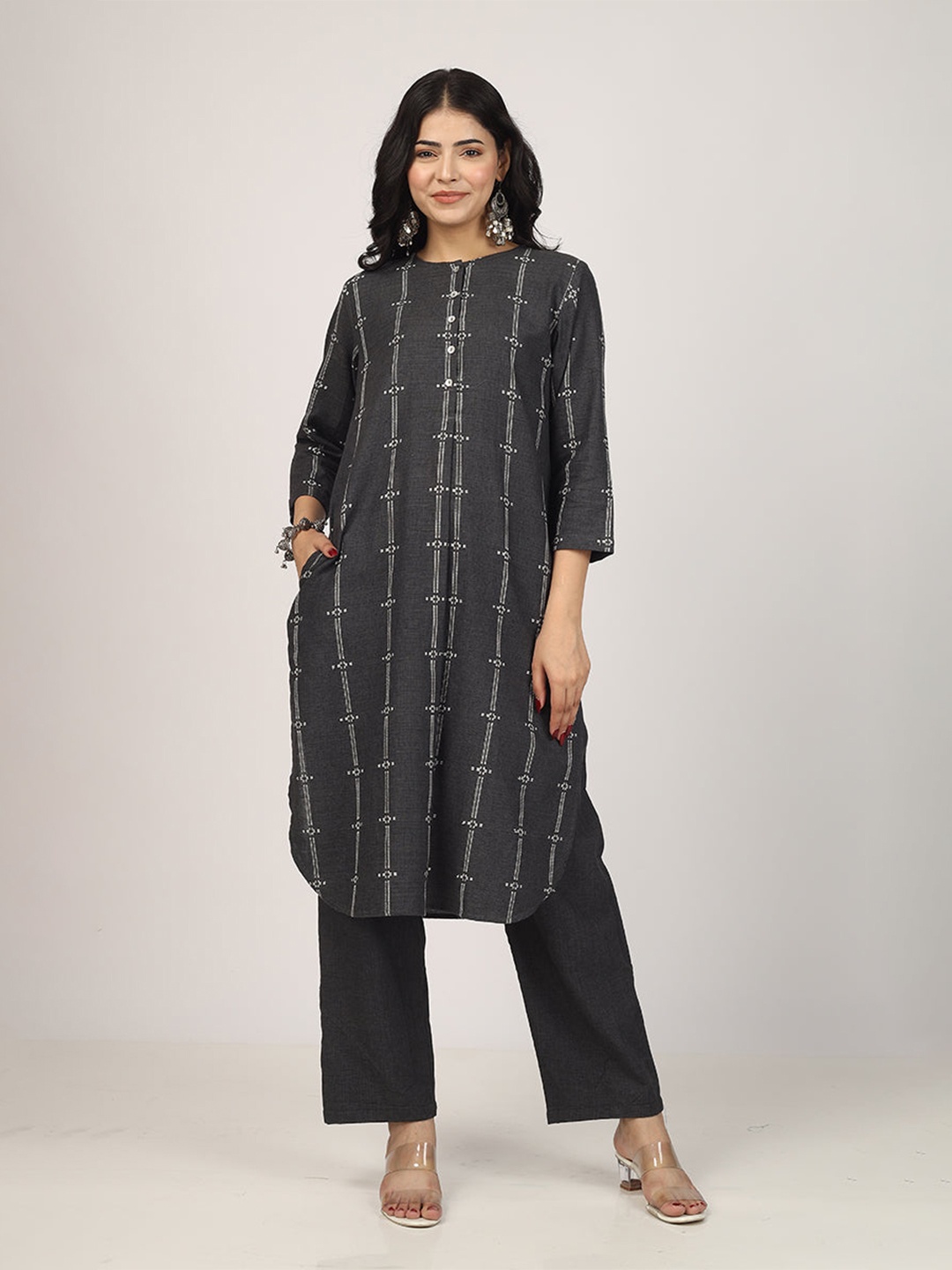 

HUE & HIDE Printed Pure Cotton Kurta With Trouser, Grey