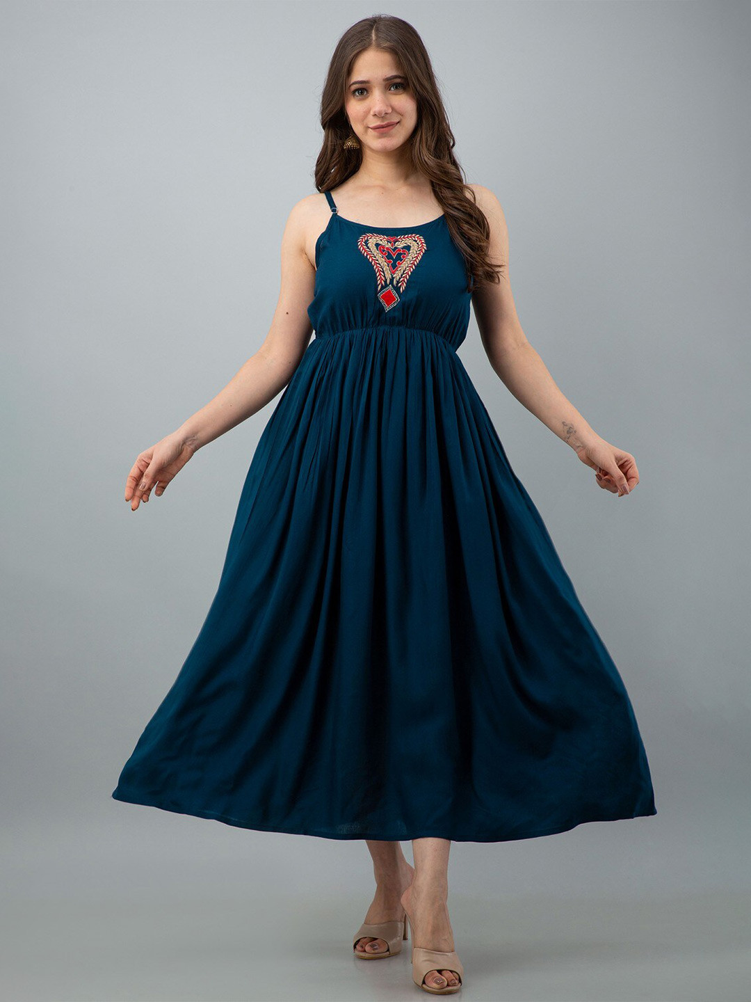 

TRENDSWILL Ethnic Motifs Embroidered Shoulder Straps Gathered Midi Fit & Flare Dress, Blue