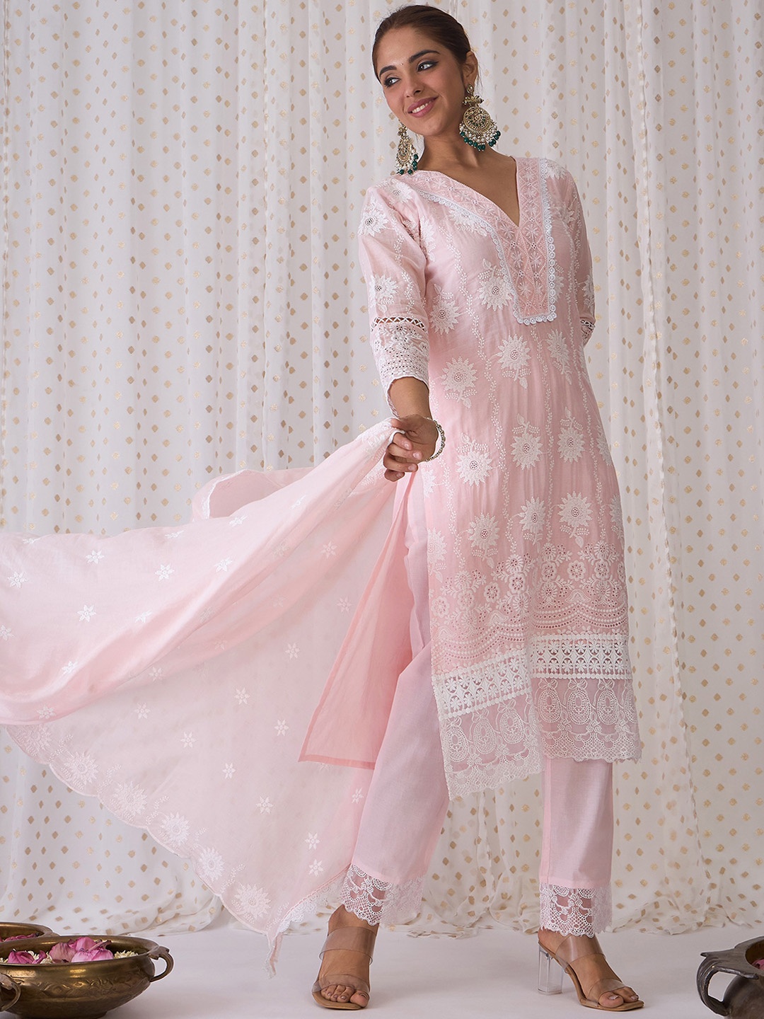 

Indo Era Floral Regular Thread Work Pure Cotton Straight Kurta with Trousers & Dupatta, Peach