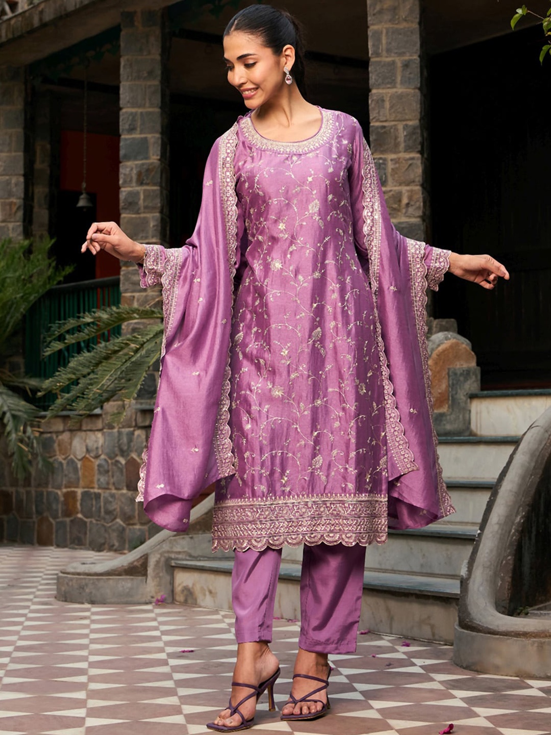 

Indo Era Floral Embroidered Regular Thread Work Straight Kurta with Trousers & Dupatta, Purple