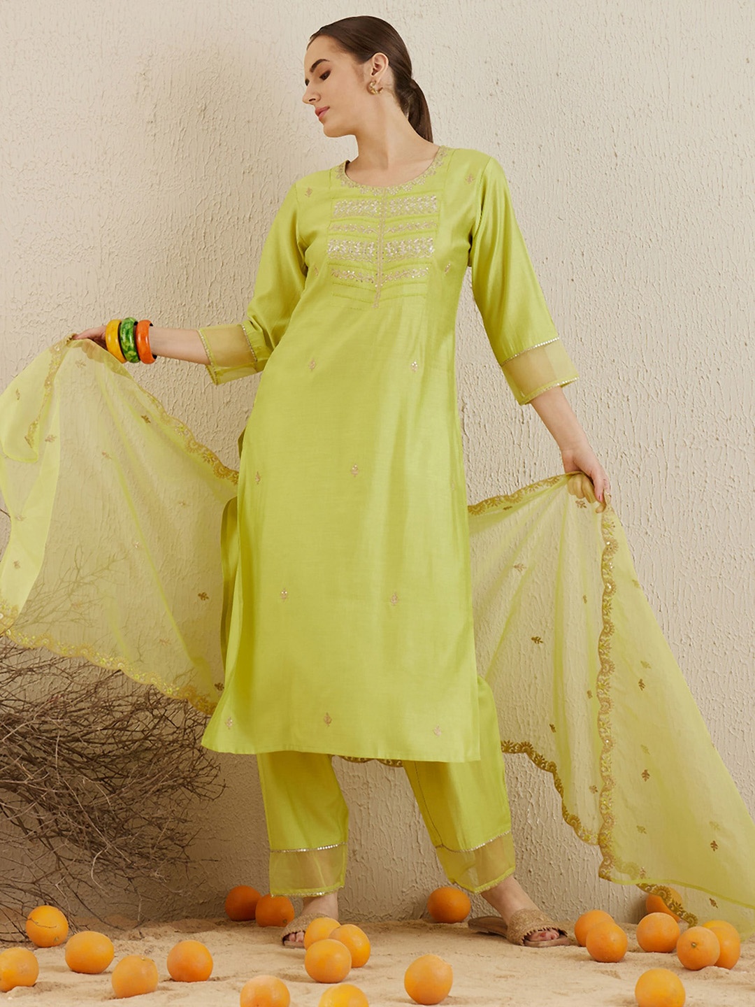 

Indo Era Ethnic Motifs Embroidered Regular Liva Straight Kurta with Trousers & Dupatta, Olive