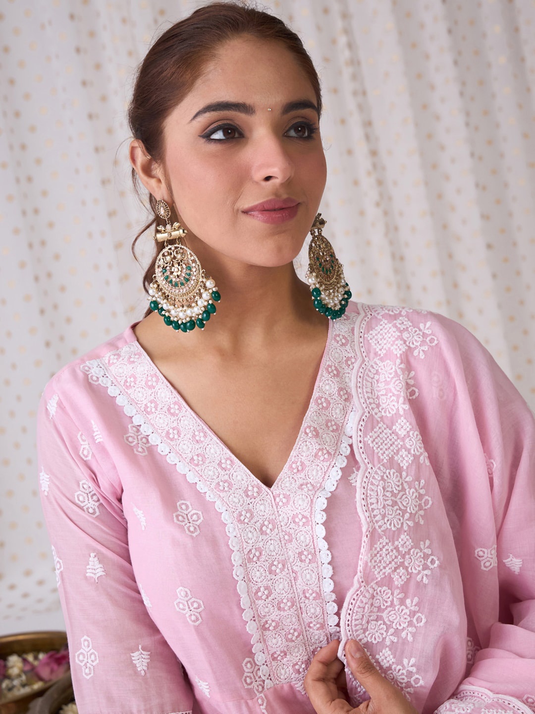 

Indo Era Floral Embroidered Empire Thread Work Pure Cotton A-Line Kurta Set, Pink