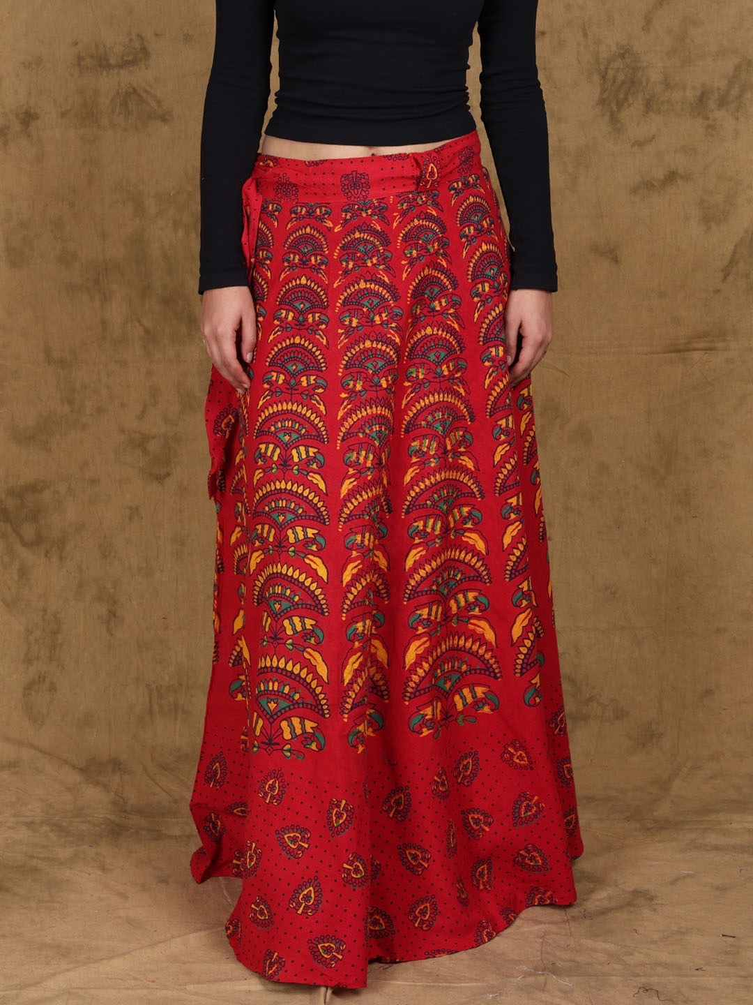 

Exotic India Ethnic Motfs Printed Pure Cotton Maxi Skirts, Red