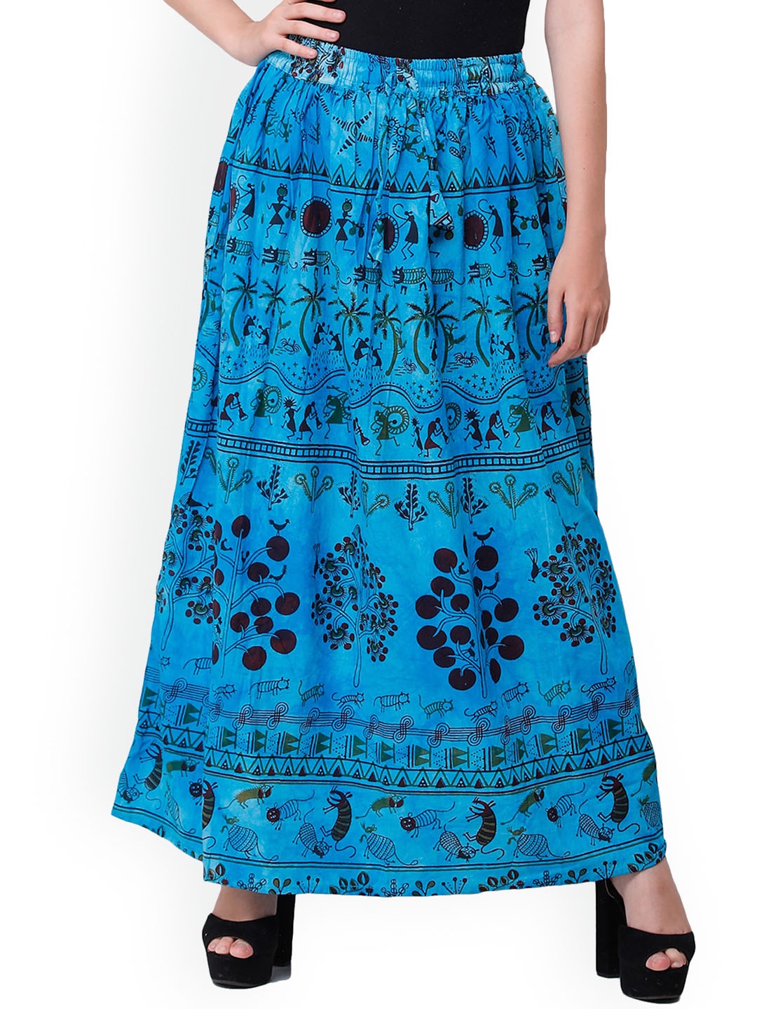 

Exotic India Warli Folk Printed Pure Cotton River Blue Long Skirt