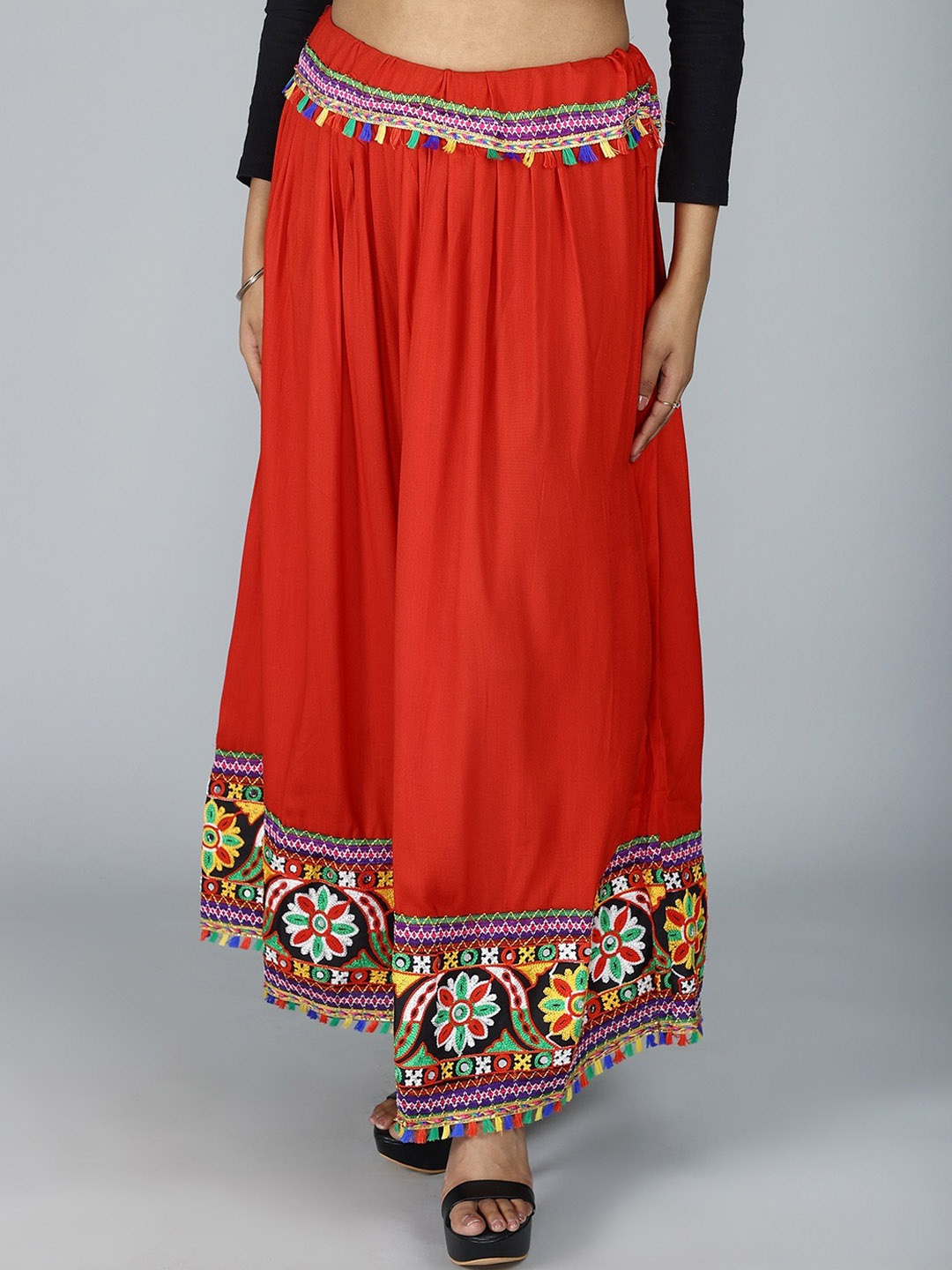 

Exotic India Embroidered Flared Maxi Skirts, Red