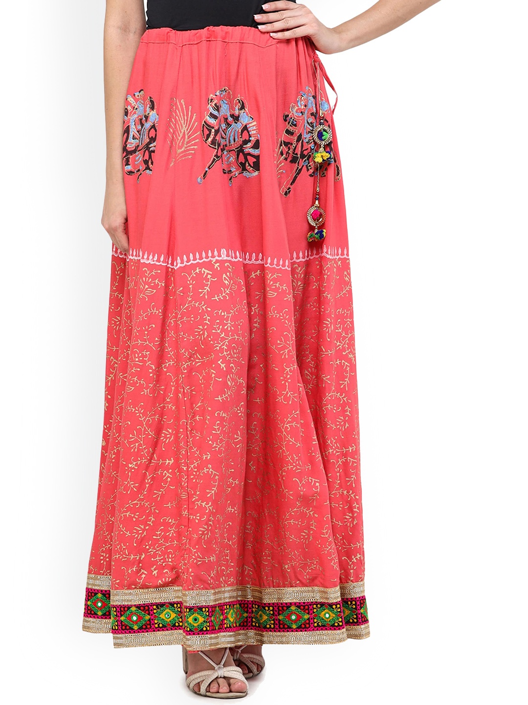 

Exotic India Coral Paradise Ghagra Skirt with Thread Embroidered Patch Border and Mirrors, Pink