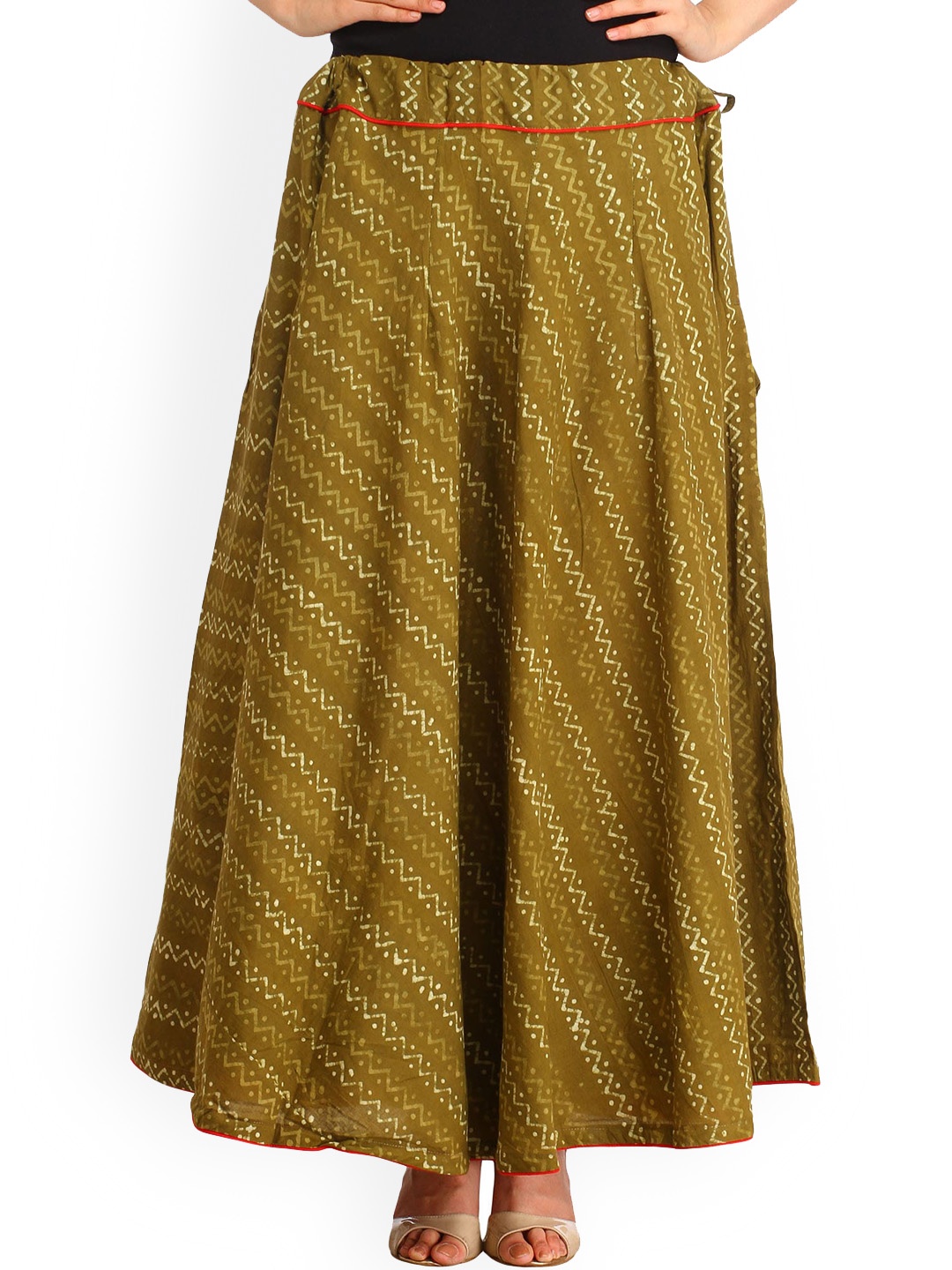 

Exotic India Geometric Printed Pure Cotton Flared Maxi Skirts, Olive