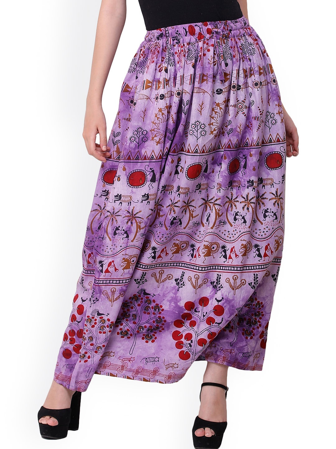 

Exotic India Lavender Warli Folk Printed Pure Cotton Long Skirt