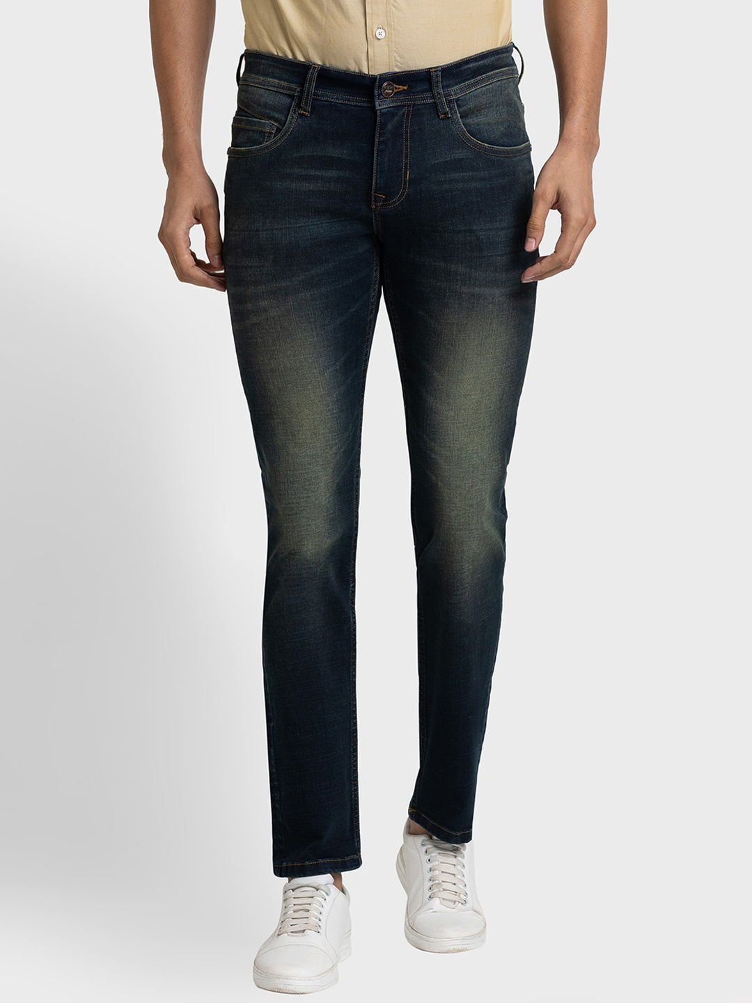 ColorPlus Men Tapered Fit Heavy Fade Clean Look Jeans, Brown
