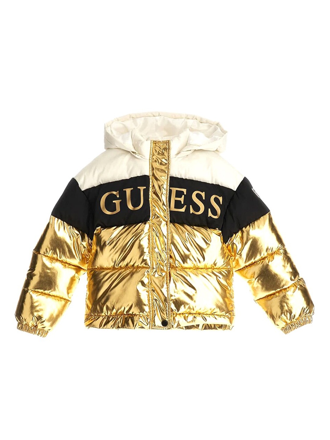 

GUESS Girls Colourblocked Hooded Puffer Jacket, Gold