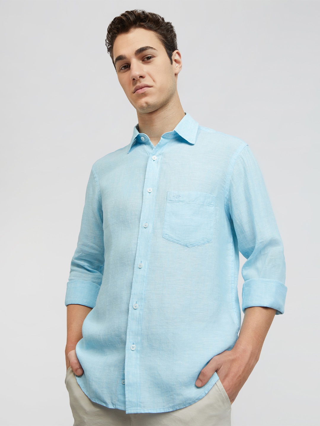 

ColorPlus Solid Tailored Fit Spread Collor Linen Casual Shirt, Blue