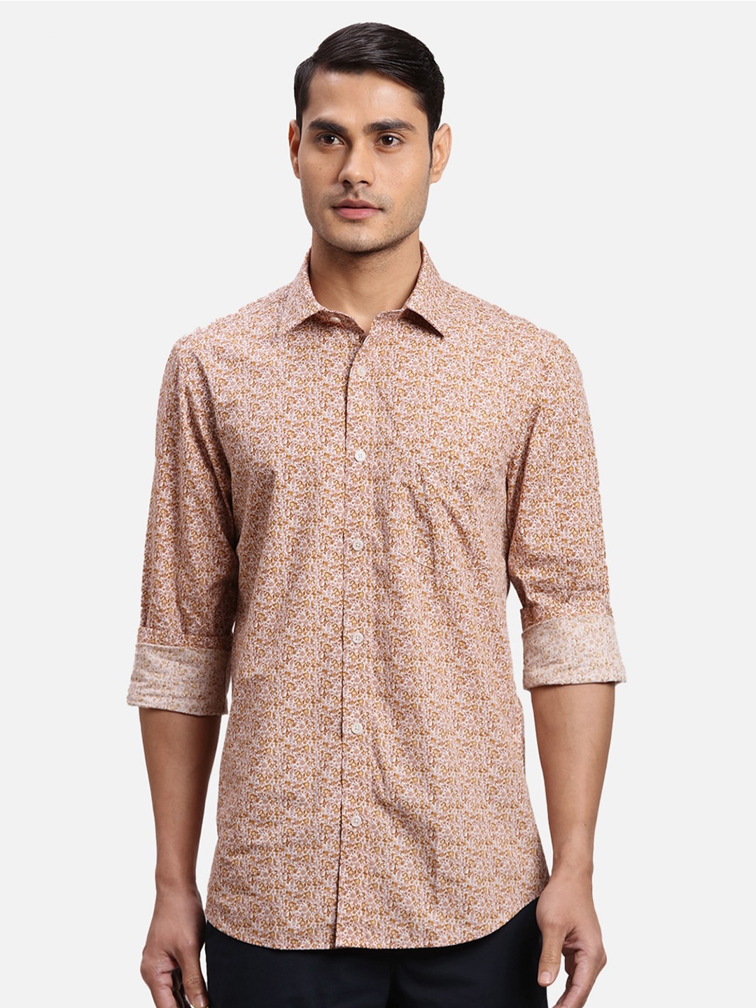 

ColorPlus Regular Fit Floral Printed Spread Collar Roll Up Sleeves Cotton Casual Shirt, Beige