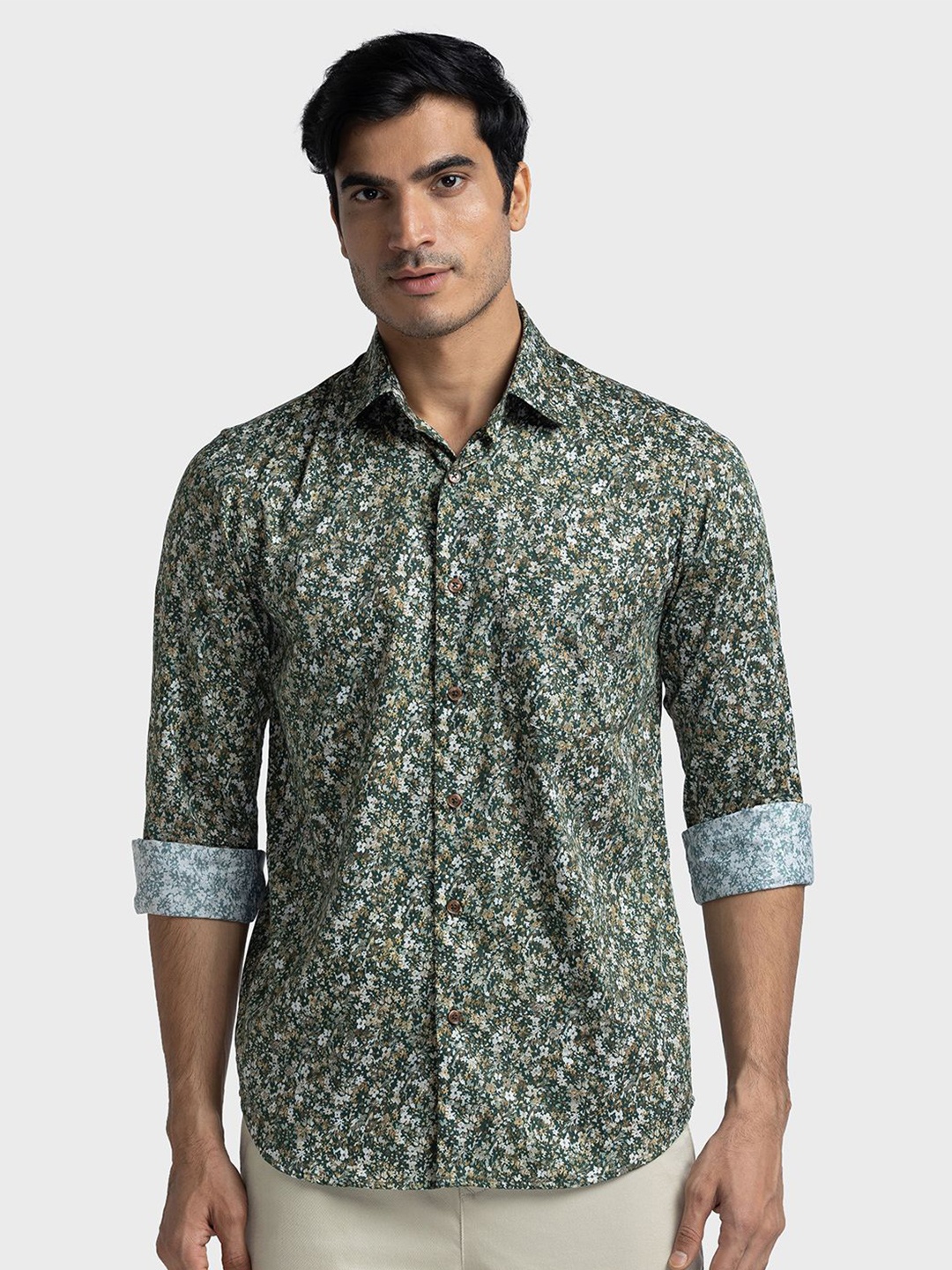 

ColorPlus Tailored Fit Floral Printed Spread Collar Long Sleeves Casual Shirt, Green