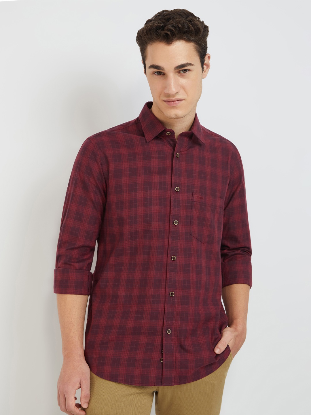 

ColorPlus Regular Fit Tartan Checked Spread Collar Cotton Casual Shirt, Red
