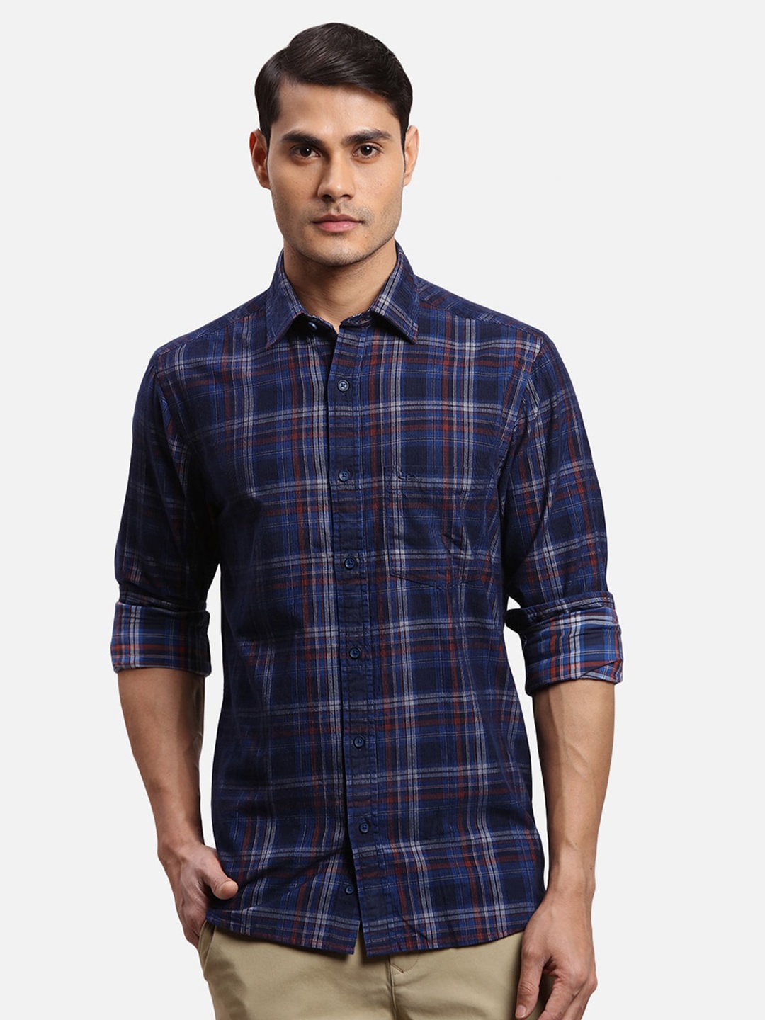 

ColorPlus Regular Fit Tartan Checked Spread Collar Cotton Casual Shirt, Blue
