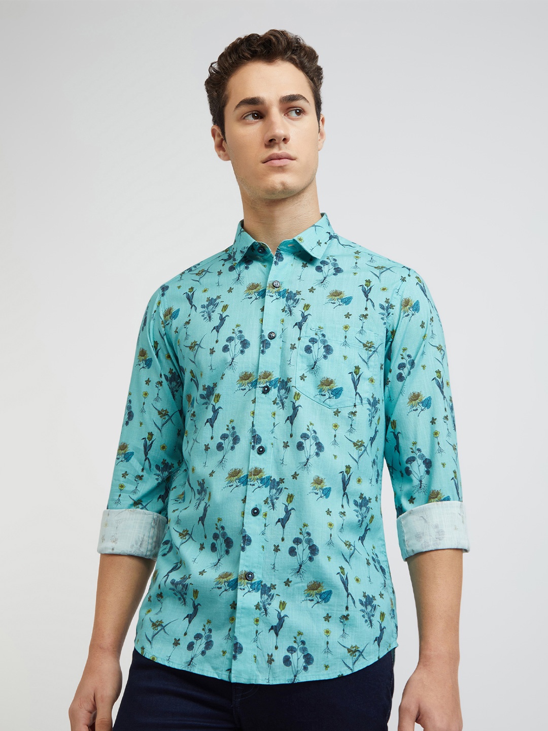 

ColorPlus Floral Printed Cotton Casual Shirt, Green