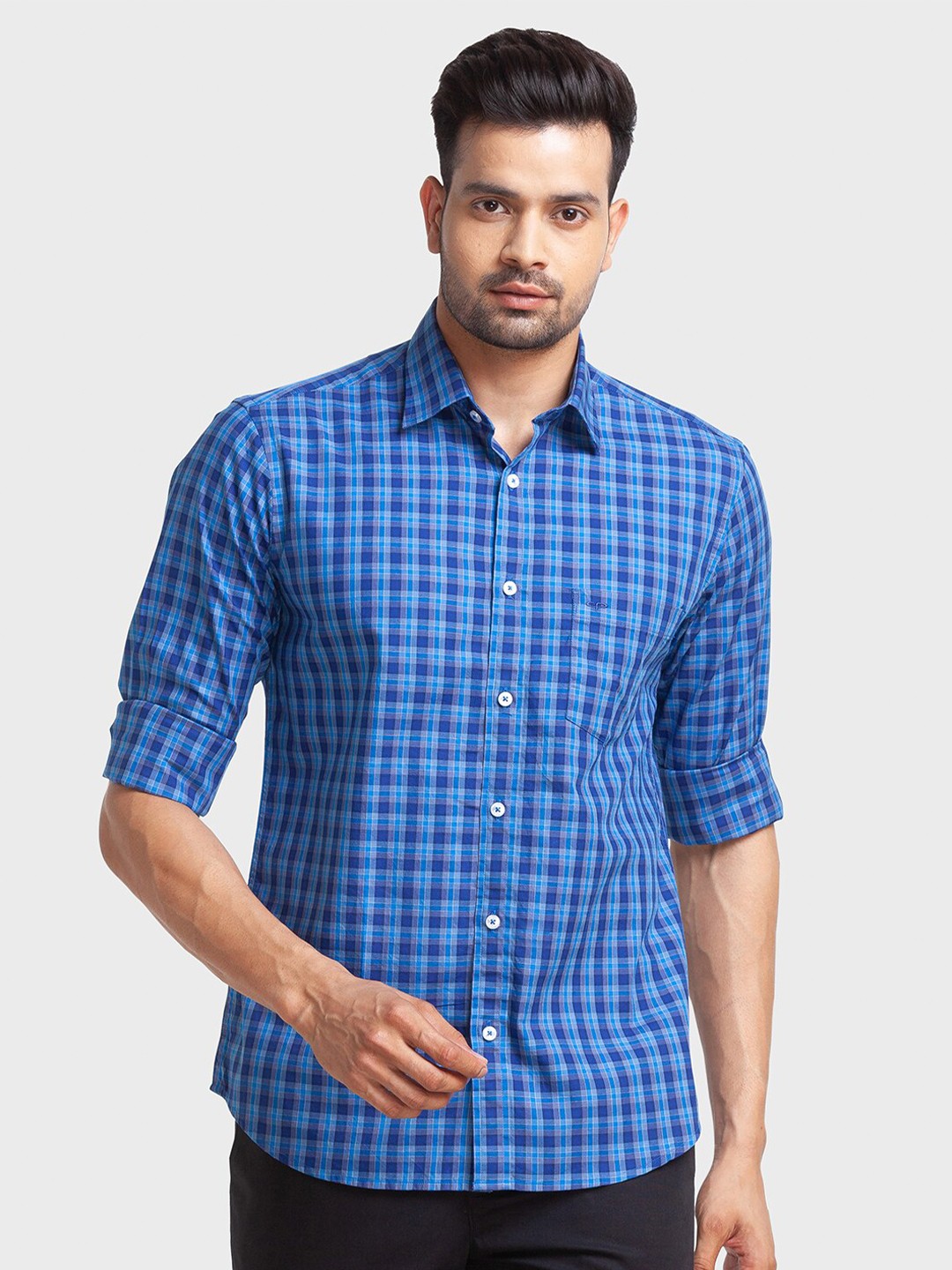 

ColorPlus Tartan Checked Tailored Fit Spread Collor Cotton Casual Shirt, Blue