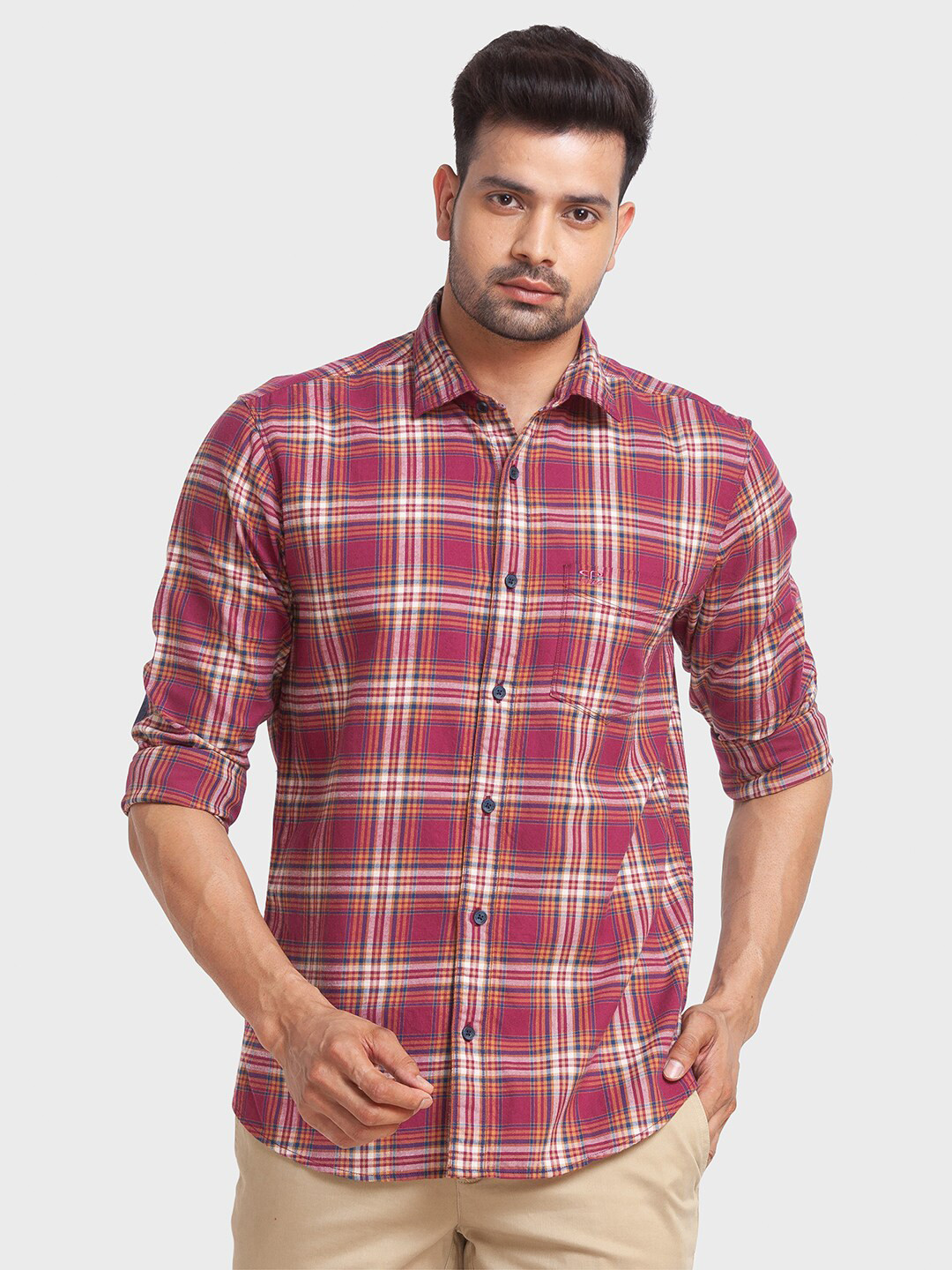

ColorPlus Tailored Fit Tartan Checks Checked Cotton Casual Shirt, Red