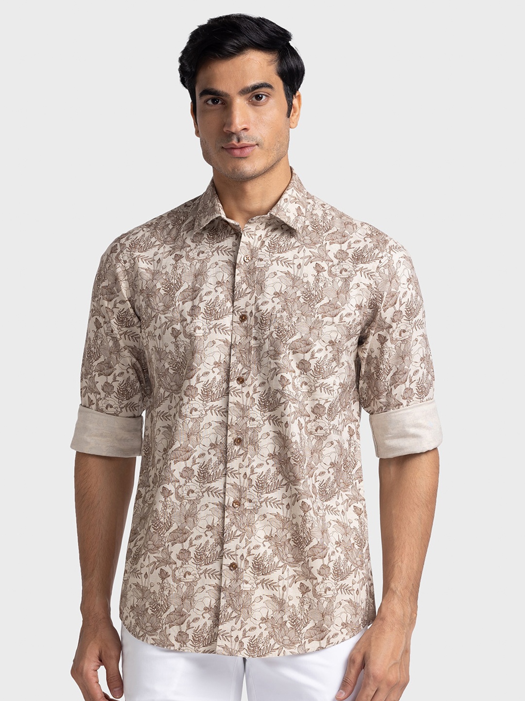 

ColorPlus Tailored Fit Floral Printed Spread Collar Cotton Casual Shirt, Beige