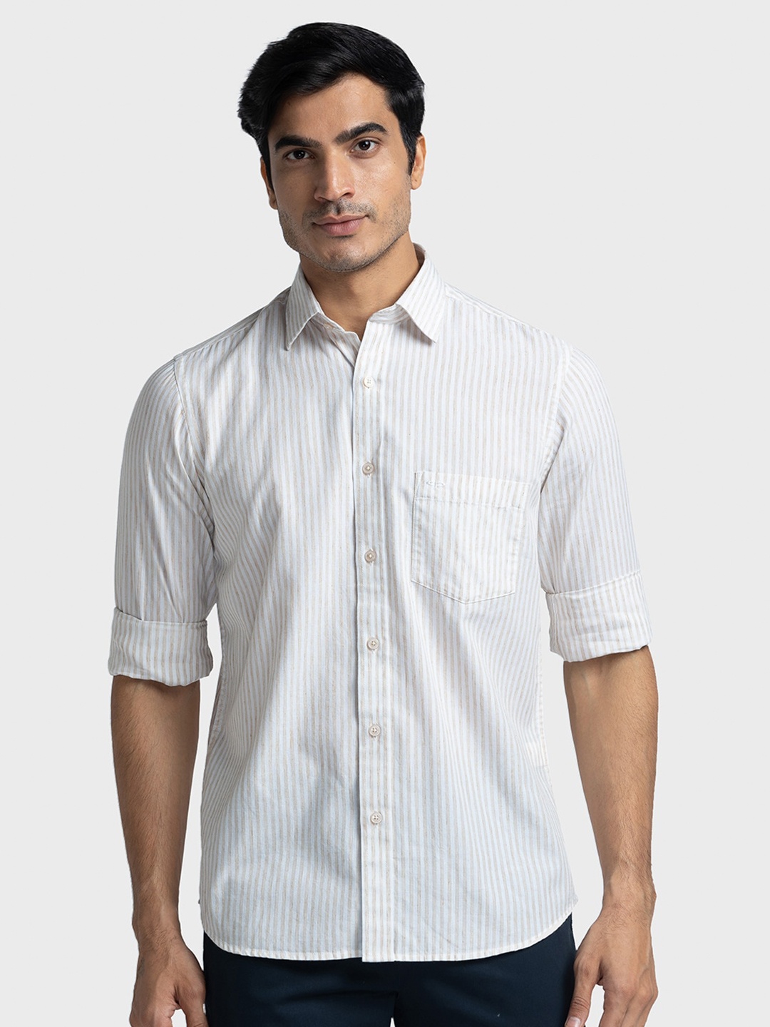 

ColorPlus Spread Collar Long Sleeves Tailored Fit Striped Casual Shirt, Beige