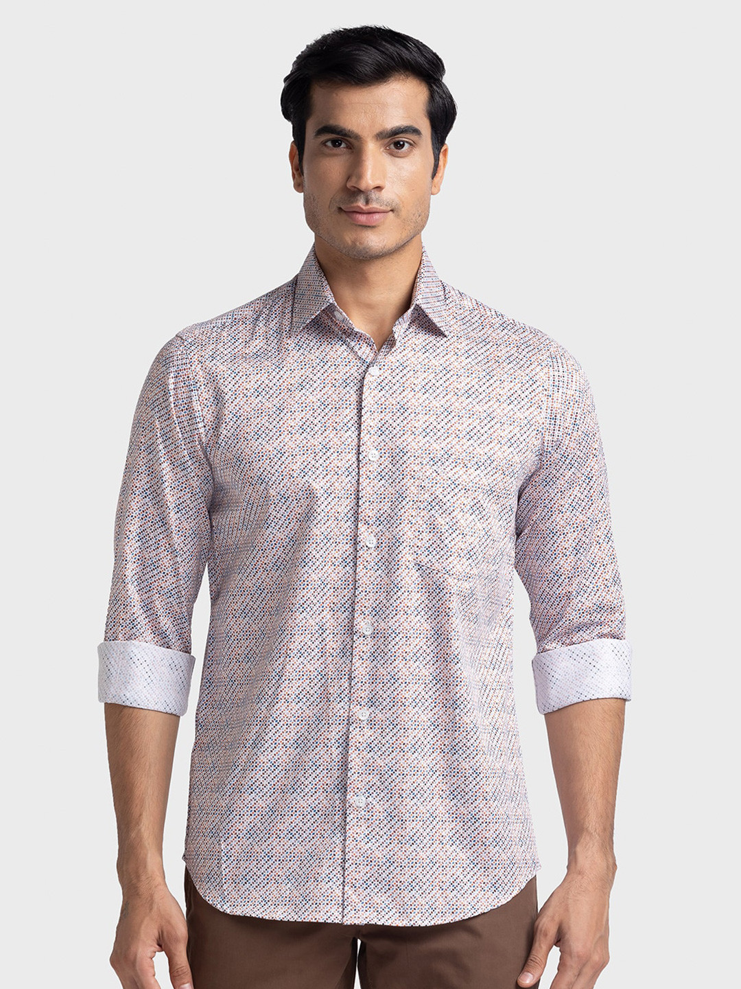 

ColorPlus Tailored Fit Abstract Printed Spread Collar Long Sleeves Cotton Casual Shirt, Brown