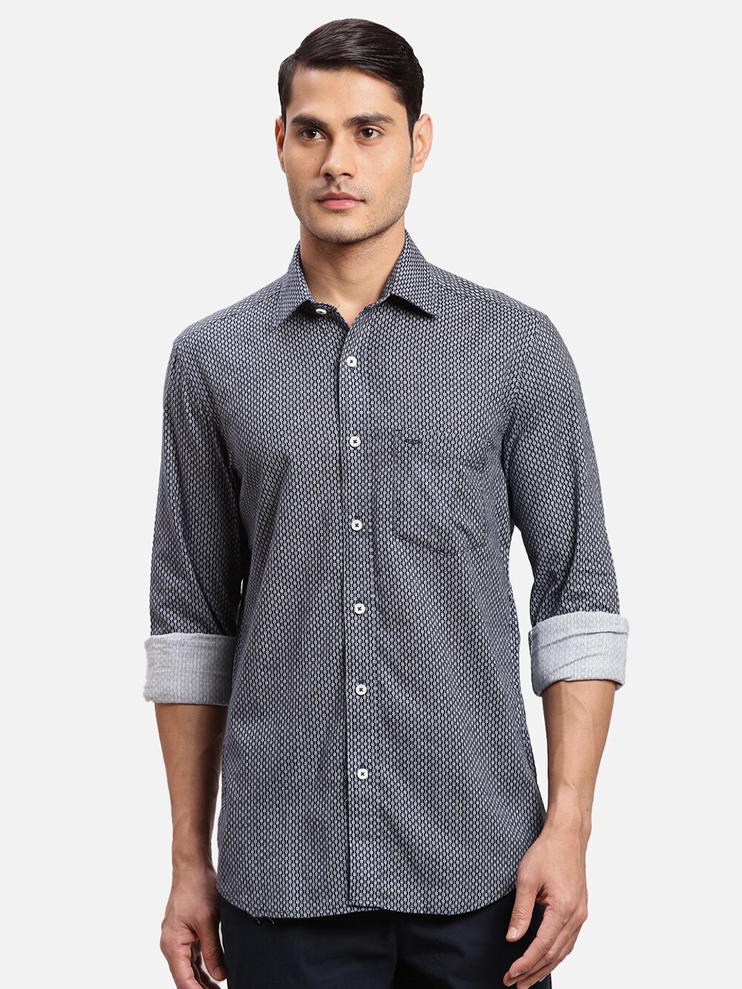

ColorPlus Micro Ditsy Printed Spread Collar Long Sleeves Cotton Casual Shirt, Blue