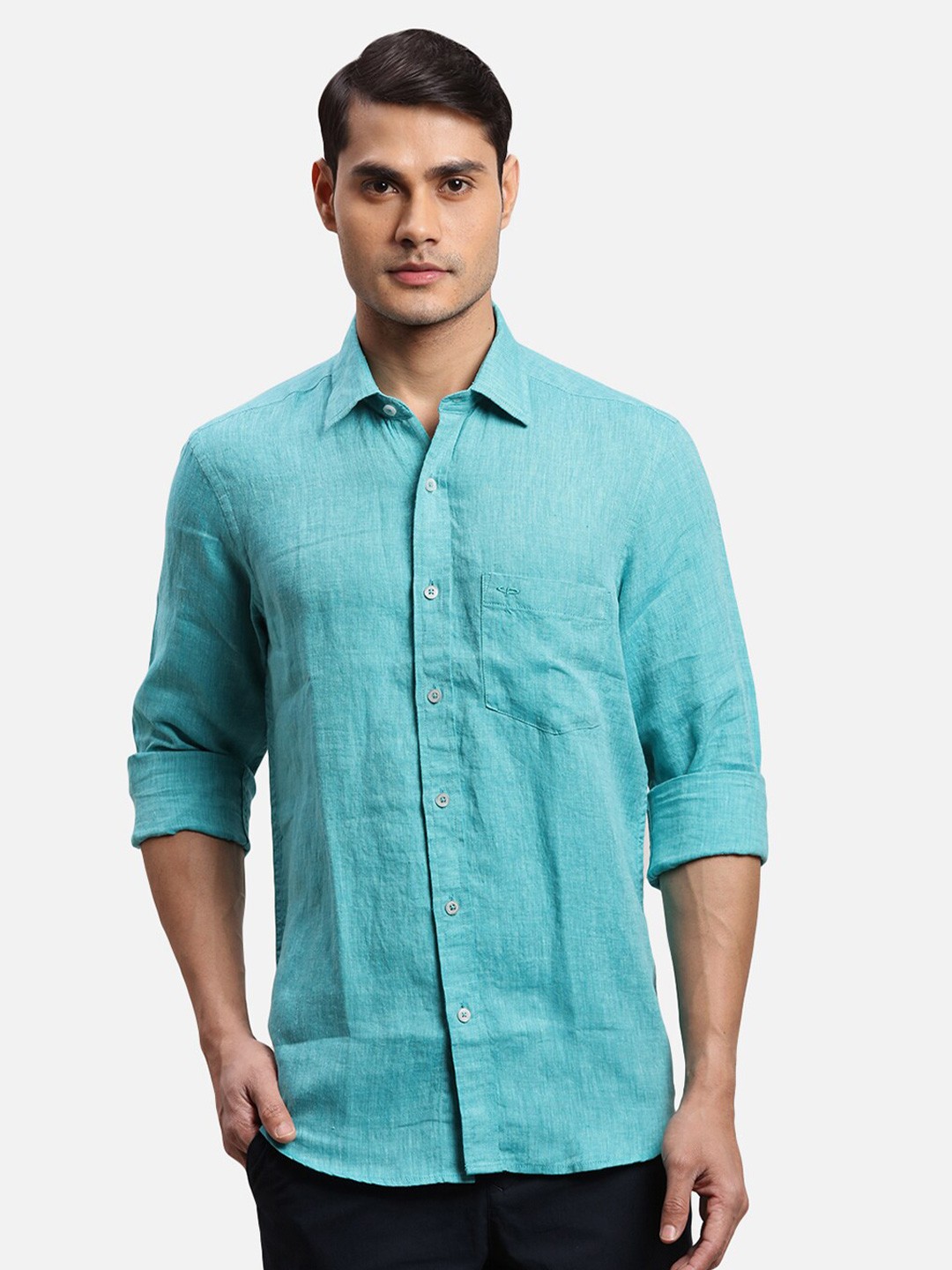 

ColorPlus Regular Fit Solid Spread Collar Linen Casual Shirt, Green