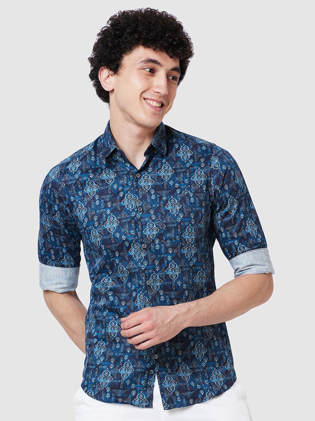 

ColorPlus Regular Fit Floral Printed Spread Collar Cotton Casual Shirt, Blue