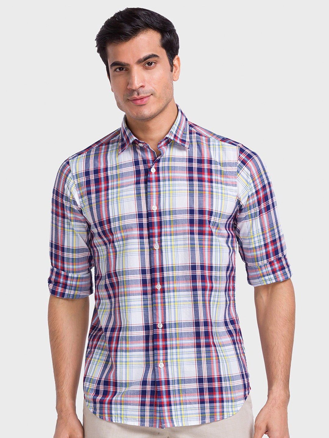 

ColorPlus Tartan Checks Spread Collar Tailored Fit Shirt, Blue