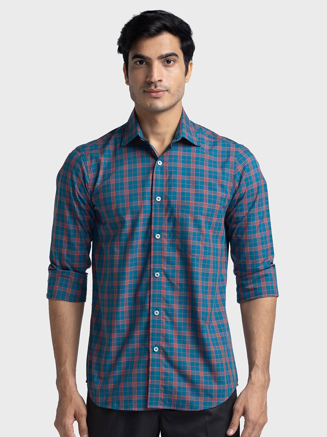 

ColorPlus Tailored Fit Checked Spread Collar Casual Shirt, Blue