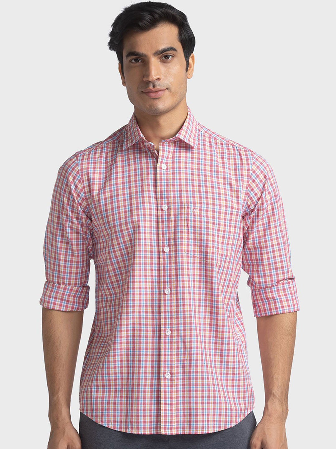 

ColorPlus Tartan Checked Tailored Fit Spread Collor Casual Shirt, Red