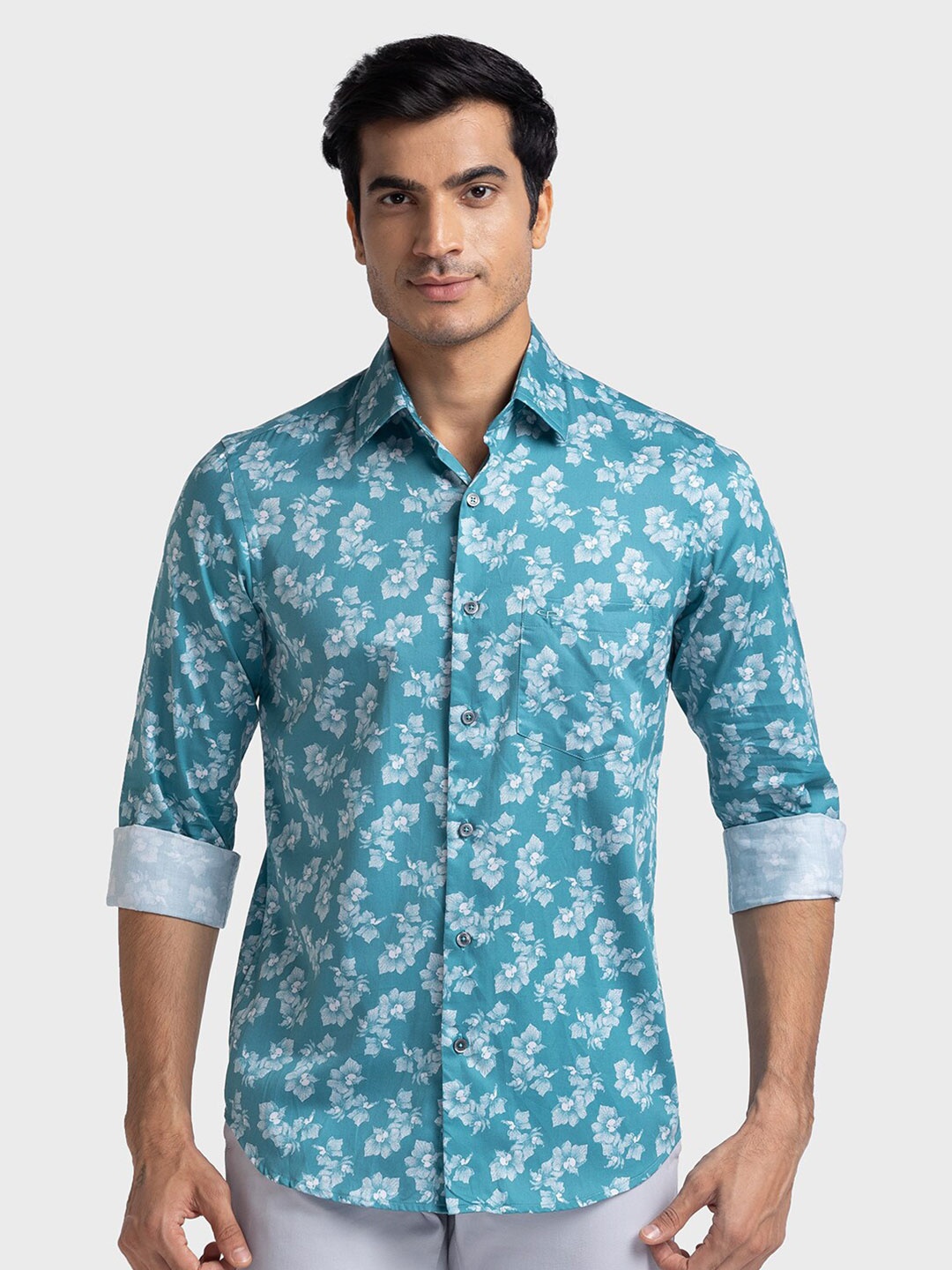 

ColorPlus Tailored Fit Floral Printed Spread Collar Full Sleeves Casual Shirt, Blue
