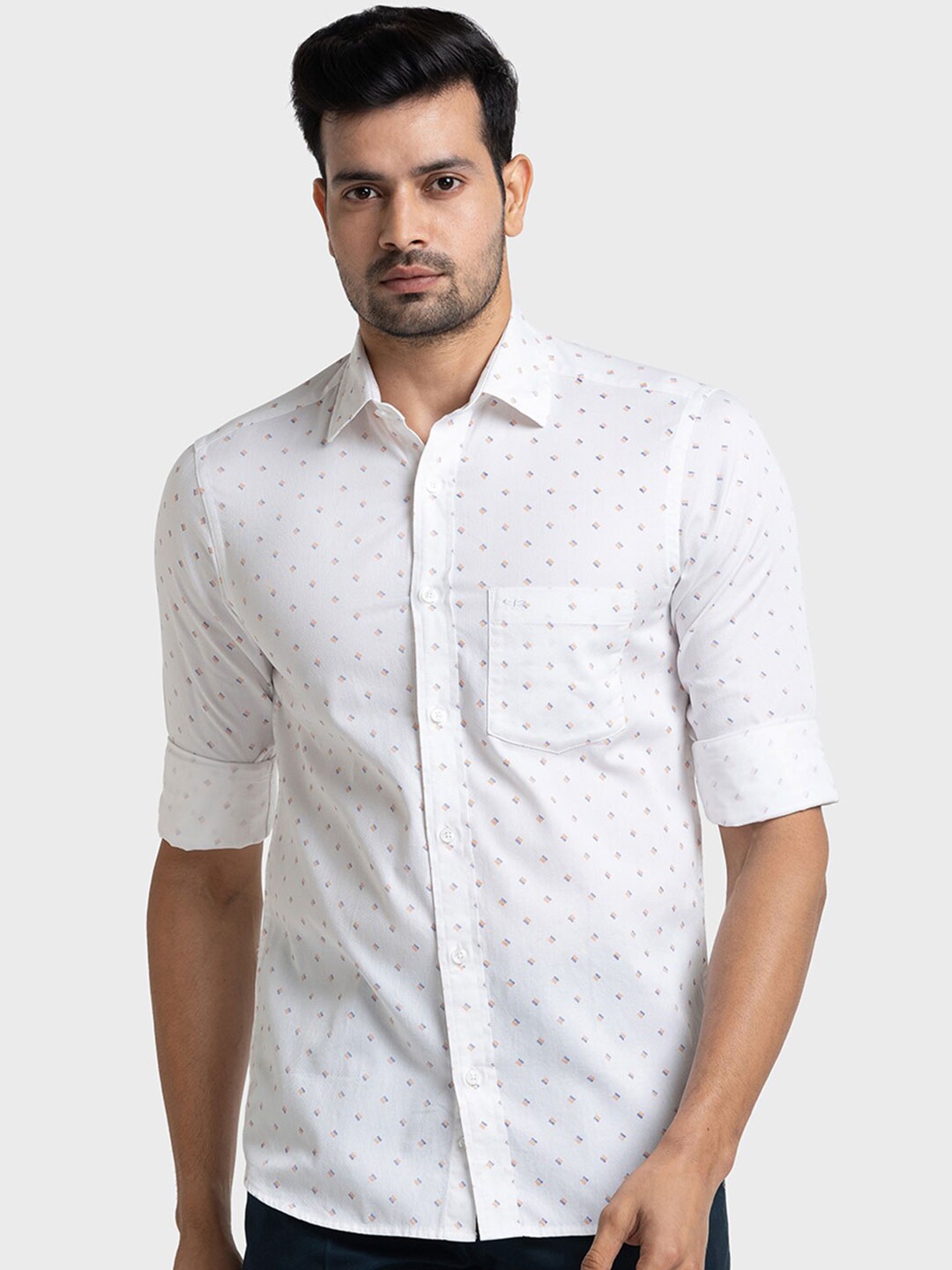

ColorPlus Tailored Fit Geometric Printed Spread Collar Long Sleeves Cotton Casual Shirt, White
