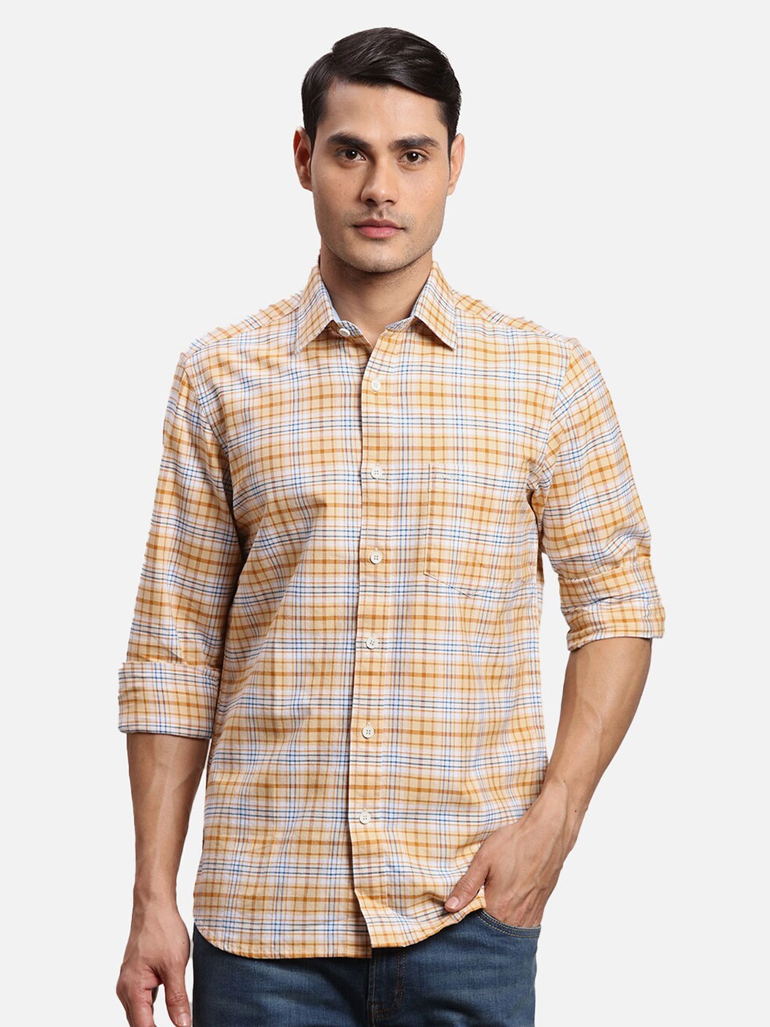 ColorPlus Checked Spread Collar Long Sleeves Cotton Casual Shirt, Yellow